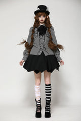 Black/White Skull Lace Jabot Striped Lapel Collar Long Sleeves Ruffled Women's Lolita Gothic Blouse - Product - 5