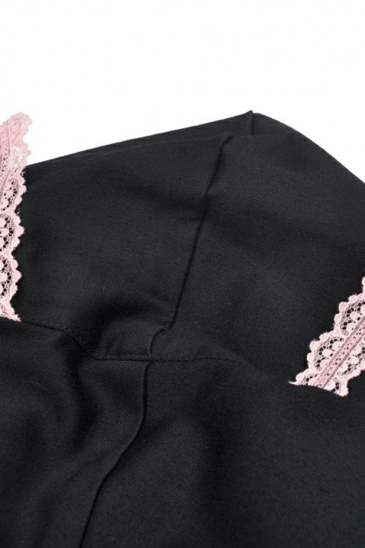 Black/Pink Short Puff Sleeves Lace Ruffled Lace-Up Zippered Women's Lolita Gothic Crop Top with Cat Hood - Product - 12