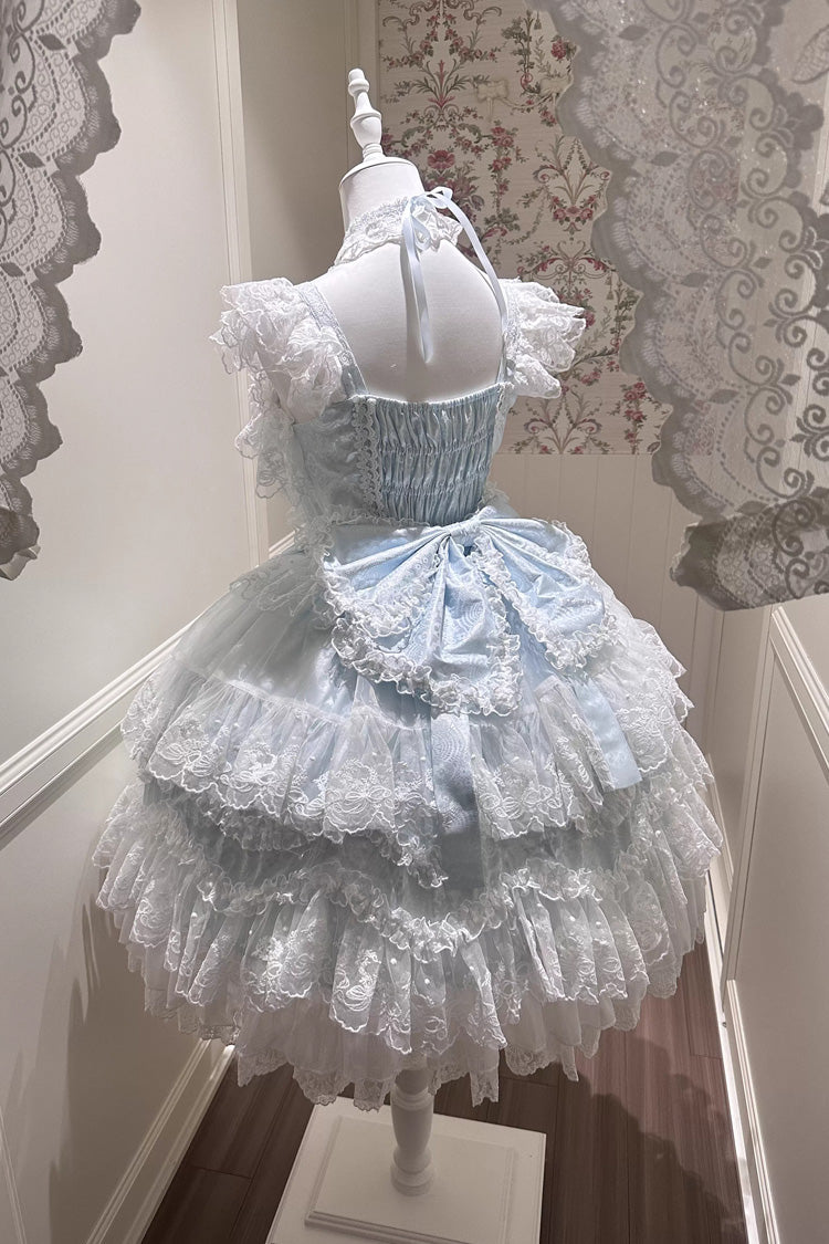 Blue [Sakura Dream Romance] Sleeveless Multi-Layered Ruffled Hanayome Bow Lace Sweet Princess Lolita Jsk Dress - Product - 11