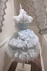 Blue [Sakura Dream Romance] Sleeveless Multi-Layered Ruffled Hanayome Bow Lace Sweet Princess Lolita Jsk Dress - Product - 11