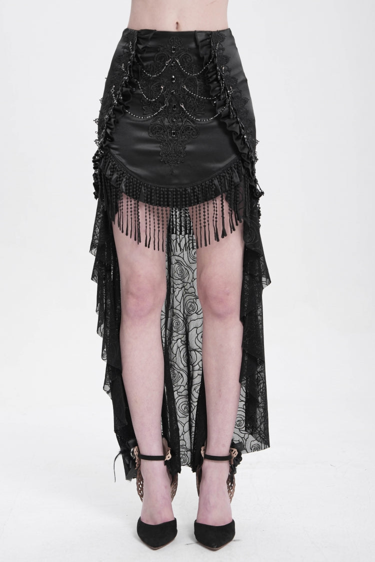 Black Embroidery Stitching Lace Mesh Women's Gothic Skirt With Train - Product - 10