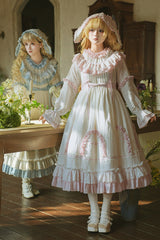 Pink [Twin Lilian] Round Collar Long Sleeves Double-Layered Ruffled Bow Lace-Up Sweet Lolita Dress - Pink - 1
