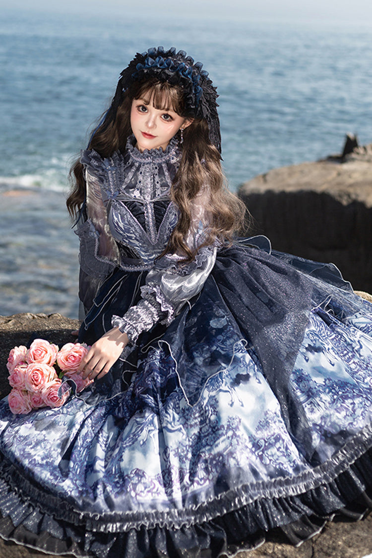 Blue [Angel Garden] Print Ruffle Bowknot Asymmetric Classic Elegant Lolita Jsk Dress - Product - 11