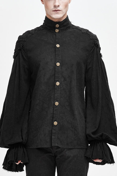 Black Straight Collar Puff Sleeve  Jacquard Mens Punk Blouse - Black - 1