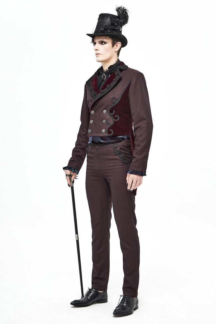 Red Front Floral Webbing Metal Retro Button Weft Velveteen Men's Gothic Tailcoat - Product - 4