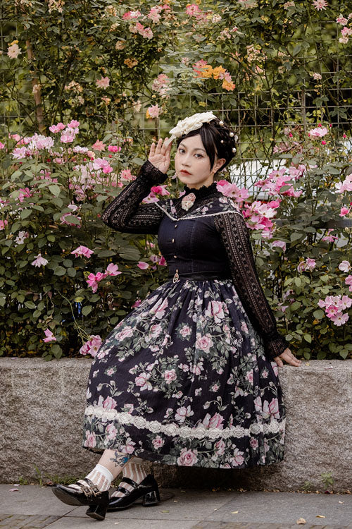 Black Elegant Vintage French Rose Floral Print V Collar Sleeveless Ruffled Classic Lolita JSK Dress - Product - 7
