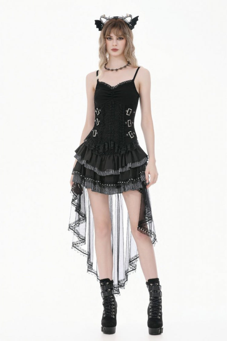Black Women's Gothic Vintage Multi-Layered Buckled Straps Sheer Lace Patchwork Tank Top - Black - 1