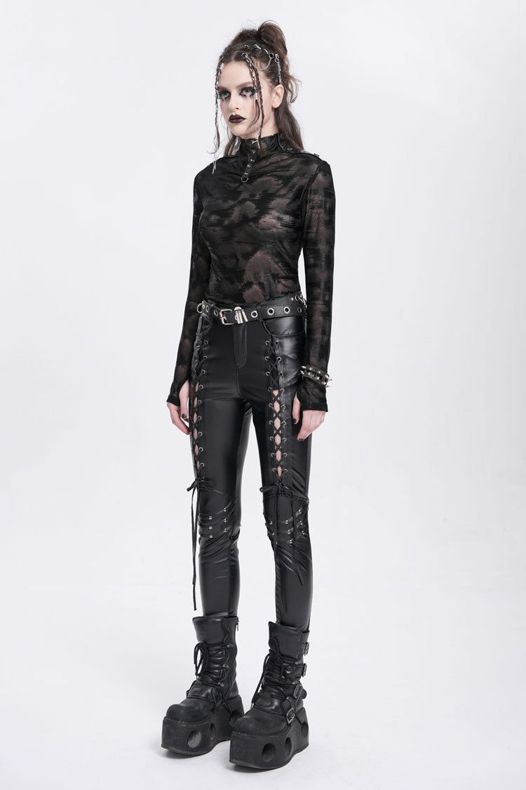 Black Stand Collar Sheer Studded Women's Punk Blouse - Product - 7