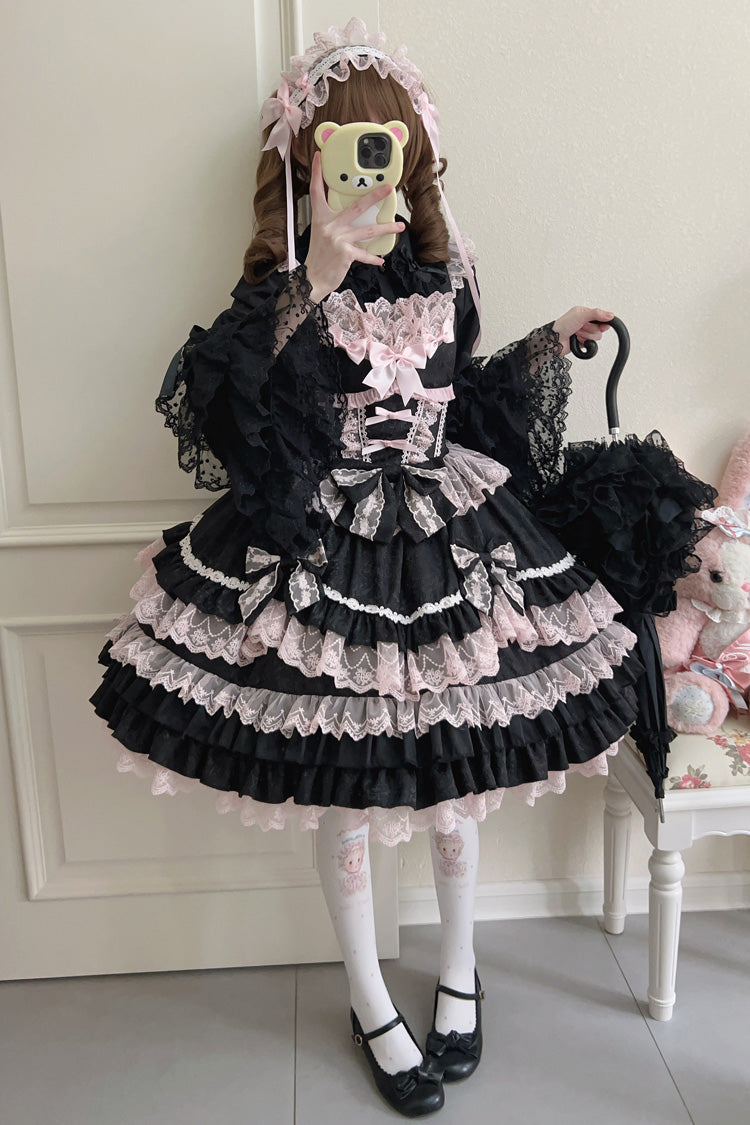 Black/Pink Multi-Layered Ruffle Bowknot Stitching Lace Sweet Lolita Jsk Dress - Product - 4