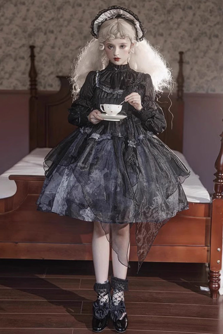 Black Stand Collar High Waisted Dead Leaves Print Tulle Gothic Princess Lolita Jsk Dress - Product - 4