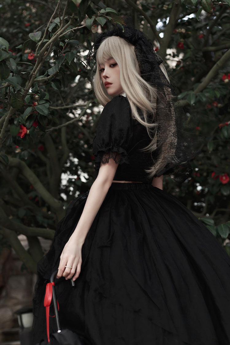 Black Rose Embroidered Cutout Top Irregular Short Sleeves Gothic Lolita Dress Set - Product - 11
