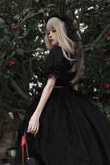 Black Rose Embroidered Cutout Top Irregular Short Sleeves Gothic Lolita Dress Set - Product - 11