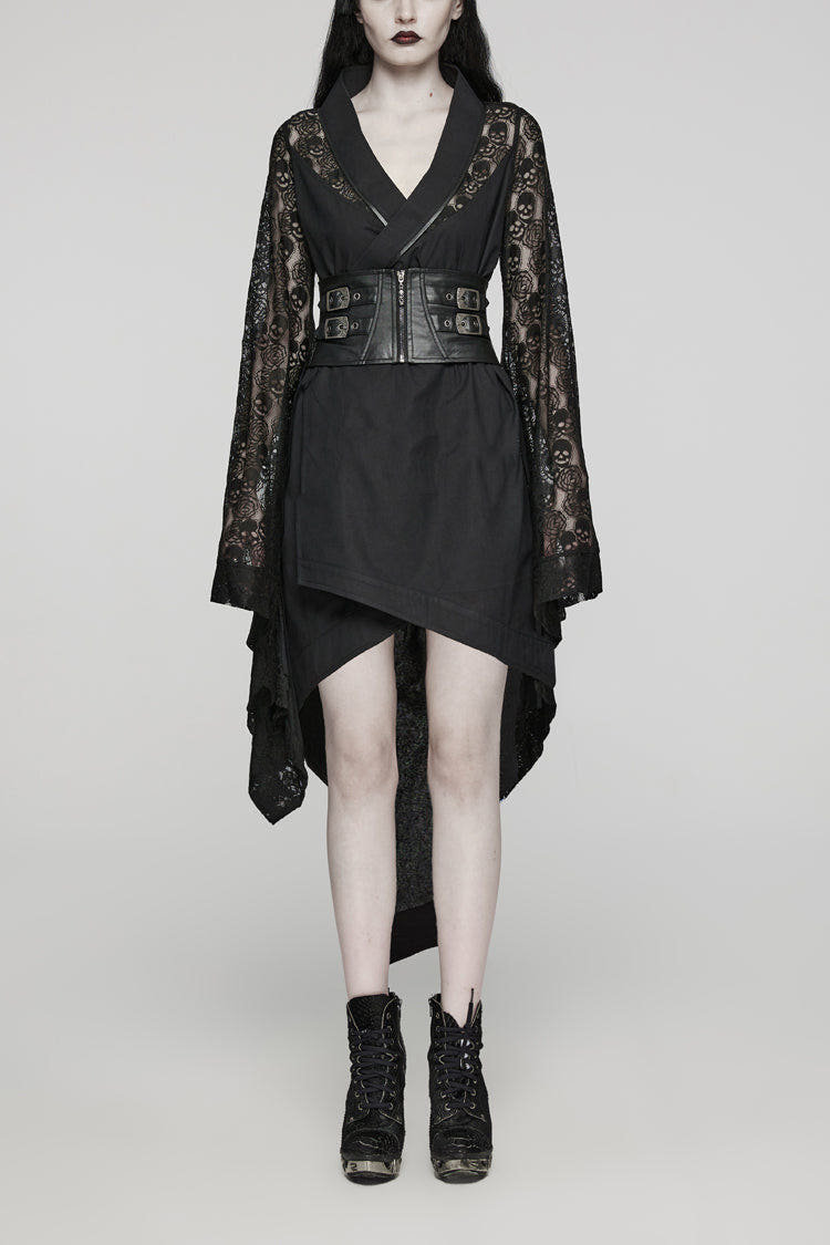 Black Irregular Hem Skull Print Hollow Stitching Womens Steampunk Kimono Dress - Black - 1