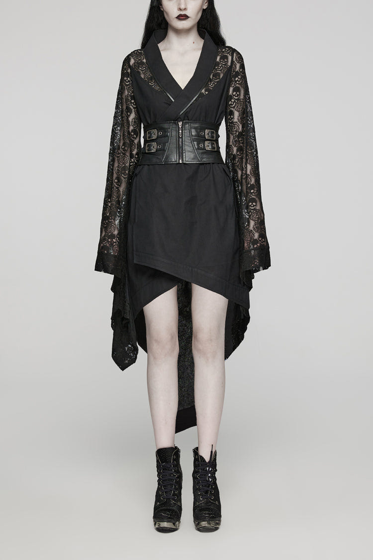 Black Irregular Hem Skull Print Hollow Stitching Womens Steampunk Kimono Dress - Black - 1