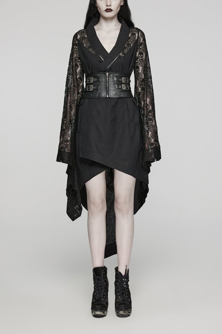 Black Irregular Hem Skull Print Hollow Stitching Womens Steampunk Kimono Dress - Black - 1