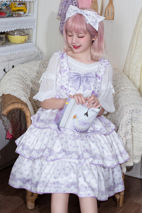 Polka Dot Print Sleeveless Bowknot Multi-Layer Ruffled High Waisted Sweet Lolita Tiered JSK Dress - Product - 3