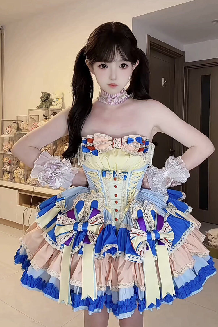 Multi-Color [Candy Paper Ribbon × Sleepy Bunny Doll Shop] Sleeveless Multi-Layered Ruffled Bow Lace-Up Sweet Ballet Lolita Dress - Product - 2