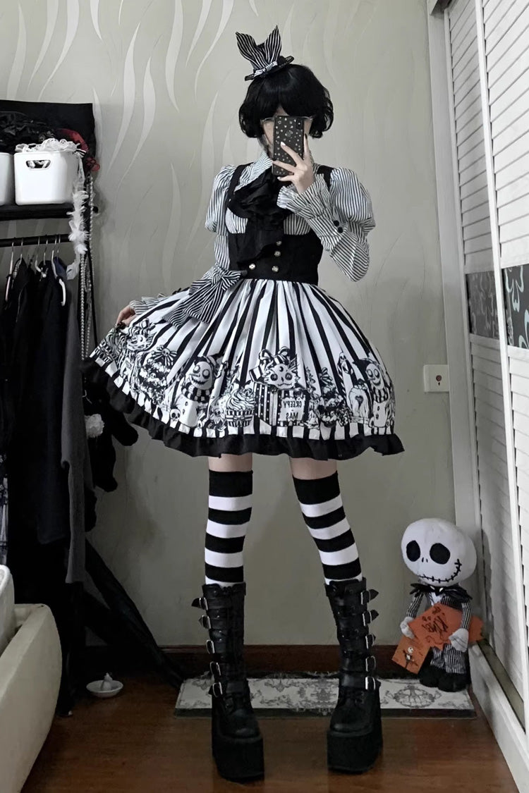 Black/White [A Weird Christmas] Sleeveless Printed Ruffled Gothic Lolita Bust-Support JSK Dress - Product - 2