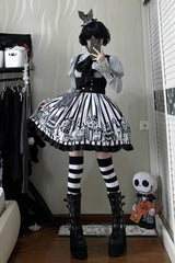 Black/White [A Weird Christmas] Sleeveless Printed Ruffled Gothic Lolita Bust-Support JSK Dress - Product - 2
