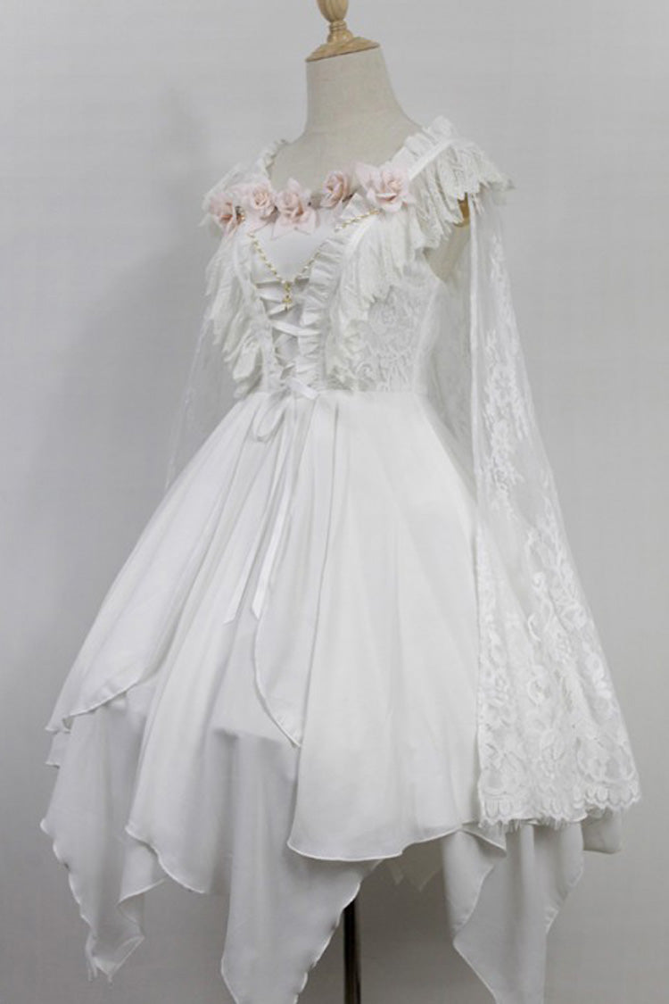 [Ballet of the Dead] Double-Layered Embroidery Lace-Up Gothic Lolita Jsk Dress (Cape Included) - White - 3