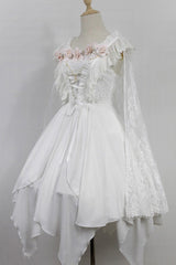 [Ballet of the Dead] Double-Layered Embroidery Lace-Up Gothic Lolita Jsk Dress (Cape Included) - White - 3