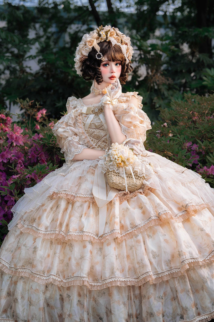 Yellow [Rose Letter] Off Shoulder Triple-Layered Print Ruffle Hanayome Sweet Princess Lolita Dress - Product - 3