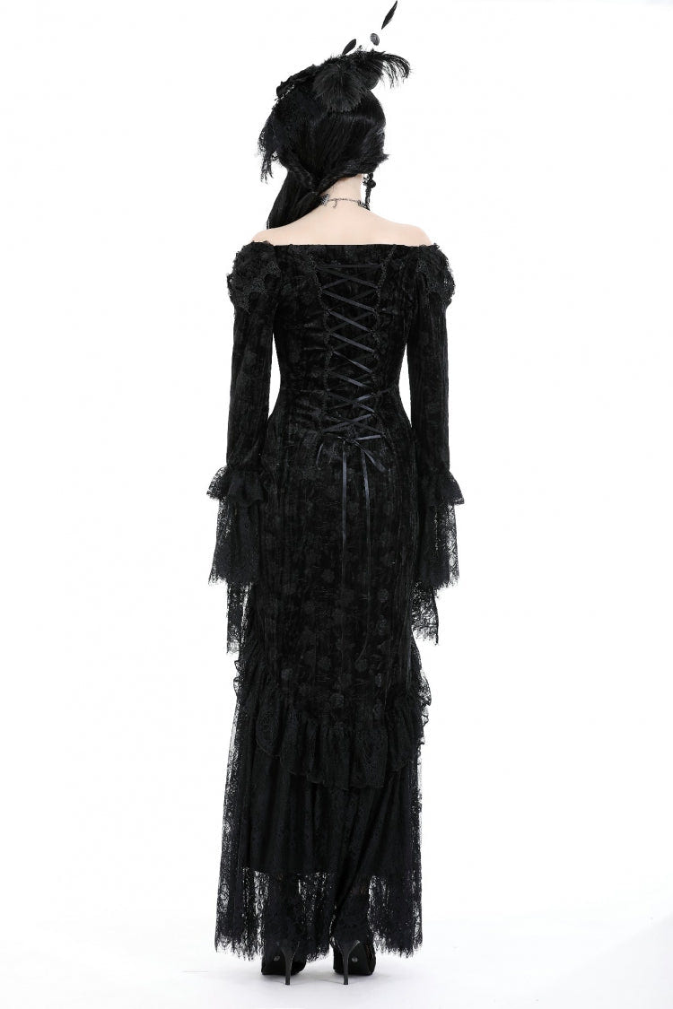 Black Off Shoulder Lace Long Trumpet Sleeves Lace-Up Women's Gothic Bodycon Dress - Product - 4