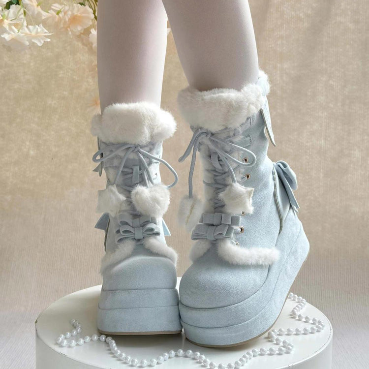 Blue Cute Platform Thick-Soled Bowknot Lace-Up Sweet Lolita Plush Boots - Product - 4