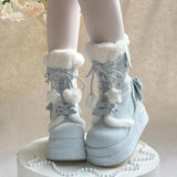 Blue Cute Platform Thick-Soled Bowknot Lace-Up Sweet Lolita Plush Boots - Product - 4