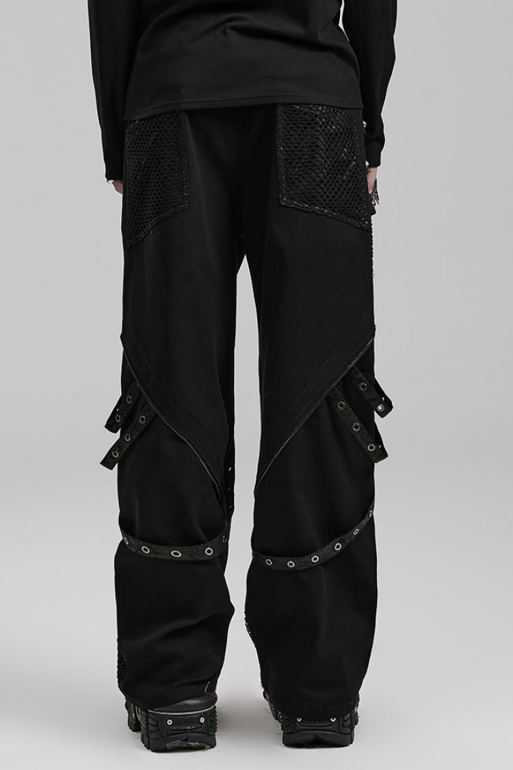 Cracked Leather Stitching Metal Rivet Decoration Mesh Men's Steampunk Pants 2 Colors - Product - 3