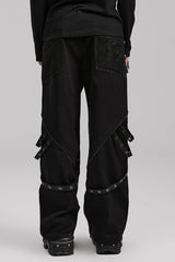 Cracked Leather Stitching Metal Rivet Decoration Mesh Men's Steampunk Pants 2 Colors - Product - 3