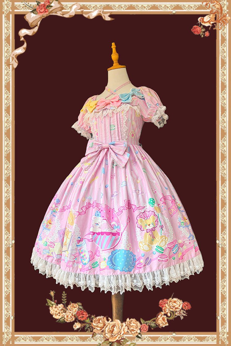 Pink [Macarons Dolly House] Square Collar Short Lantern Sleeves Printed Bow Sweet Lolita Dress - Product - 7