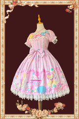 Pink [Macarons Dolly House] Square Collar Short Lantern Sleeves Printed Bow Sweet Lolita Dress - Product - 7