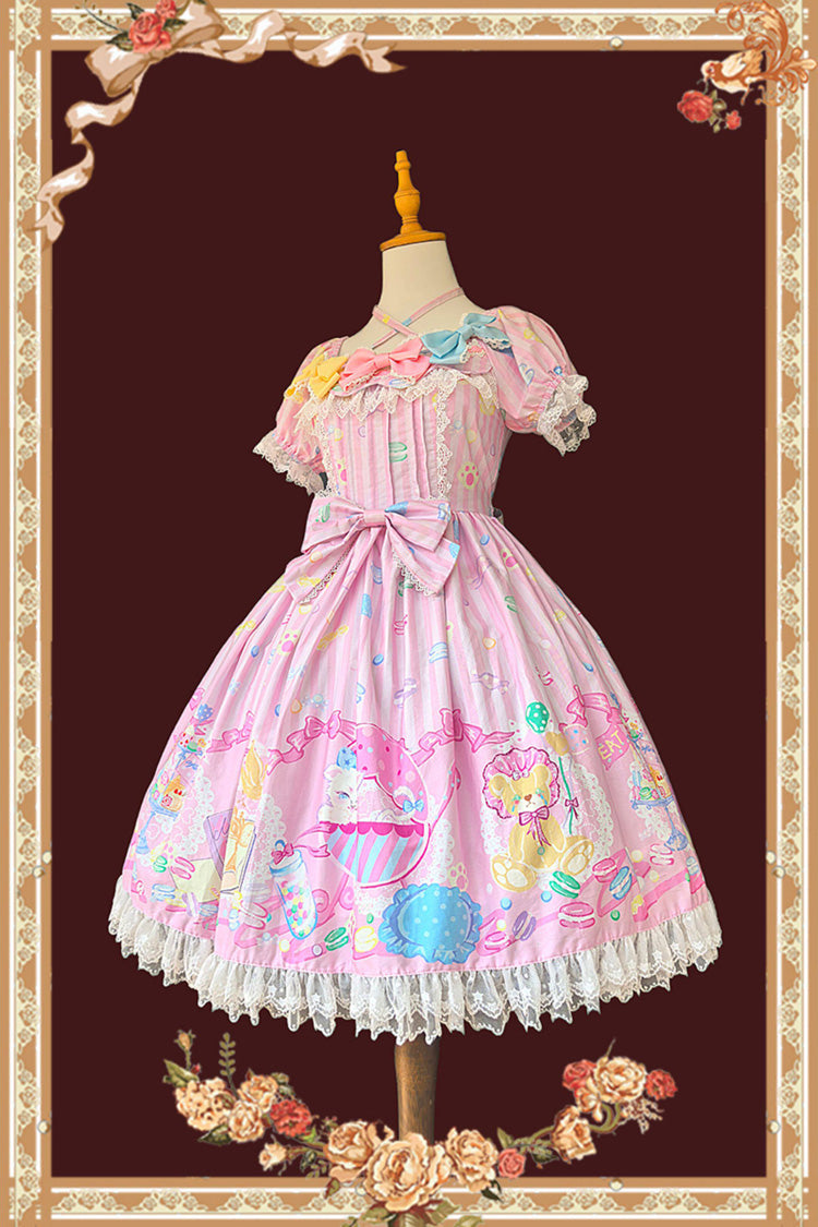 Pink [Macarons Dolly House] Square Collar Short Lantern Sleeves Printed Bow Sweet Lolita Dress - Product - 7
