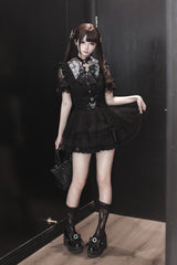 Black [Dreamy Love Ballad] Lapel Collar Short Sleeves Double-Layered Ruffled Cut-Out Bow Gothic Japanese Jirai Kei Skirt Set - Product - 2