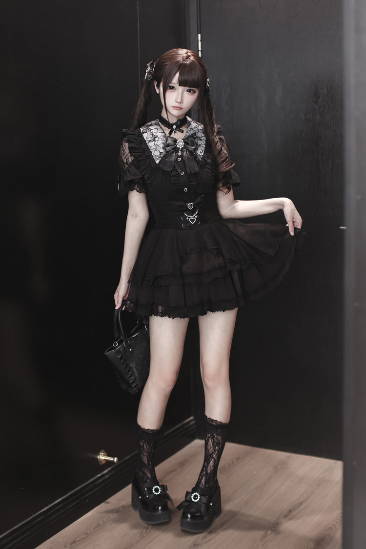 Black [Dreamy Love Ballad] Lapel Collar Short Sleeves Double-Layered Ruffled Cut-Out Bow Gothic Japanese Jirai Kei Skirt Set - Product - 2