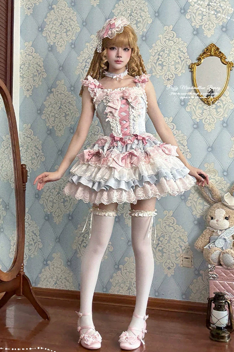 Blue/Pink [Honey Sweet Tart] Square Collar Sleeveless Multi-Layered Jacquard Ruffled Bow Lace Lace-Up Lolita Jsk Dress - Product - 17