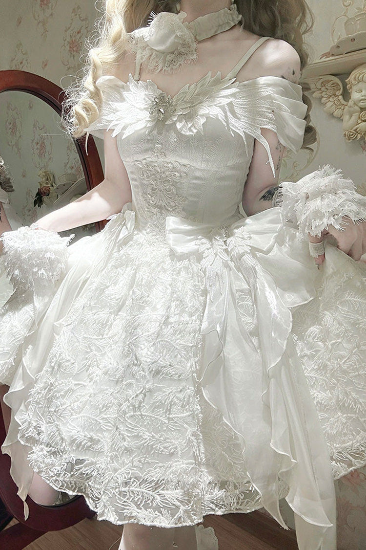 White [Feathers Floating In The Air] Square Collar Flutter Sleeves Embroidered Bow Lace Sweet Lolita Jsk Dress - Product - 7