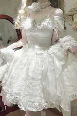 White [Feathers Floating In The Air] Square Collar Flutter Sleeves Embroidered Bow Lace Sweet Lolita Jsk Dress - Product - 7
