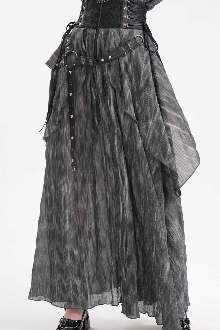 Black Ruffle Lace-Up Women's Gothic Eyelets Rivets Long Skirt - Black - 1