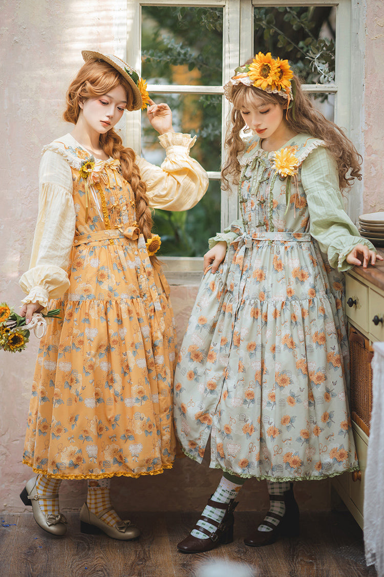 Green [Gardening Sunflower] Sleeveless Print Ruffle Bowknot Sweet Elegant Lolita Jsk Dress - Product - 16
