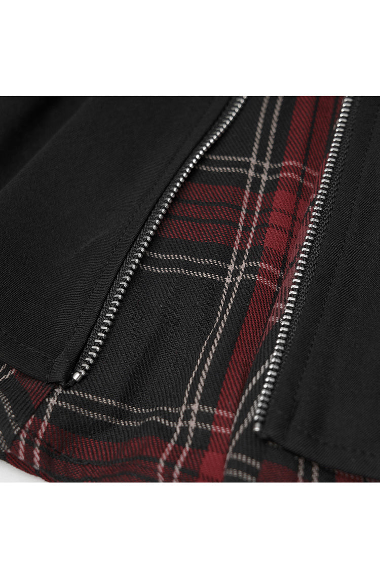 Black/Red Splice Plaid Metal Zipper Decoration Pleated Women's Punk Skirt - Product - 6