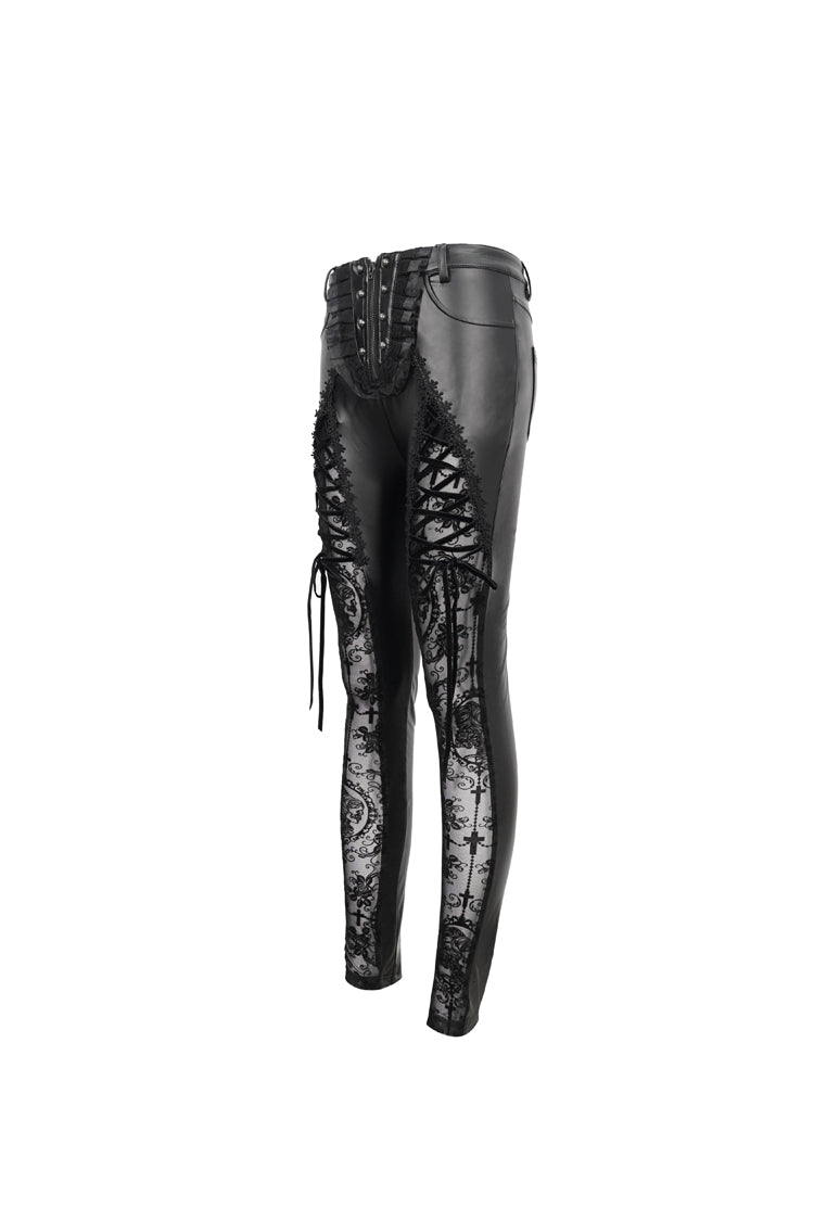 Black Flocked Stretch Slim Thigh Lace String Adjustable Women's Gothic Leggings - Product - 8