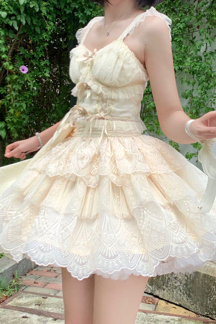 Ivory [Tidal] Triple-Layered Ruffle Bowknot Sweet Lolita Skirt 2 Versions - Product - 8