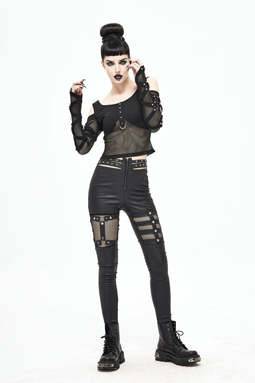 Black Sexy Mesh Spliced Off The Shoulder Long Sleeves Women Punk T-Shirt - Product - 4