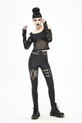 Black Sexy Mesh Spliced Off The Shoulder Long Sleeves Women Punk T-Shirt - Product - 4