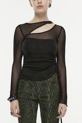 Black Long Sleeves Hollow Mesh Drawstring Women's Gothic T-Shirt - Black - 1