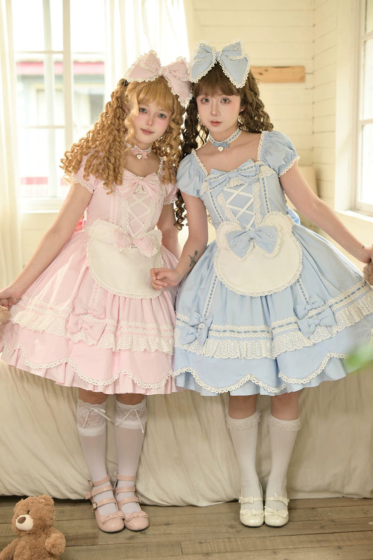 Pink [Petal Bunny] Cotton Square Collar Short Sleeves Double-Layered Ruffled Bow Lace Lace-Up Sweet Lolita Dress - Product - 22