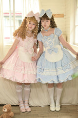 Pink [Petal Bunny] Cotton Square Collar Short Sleeves Double-Layered Ruffled Bow Lace Lace-Up Sweet Lolita Dress - Product - 22