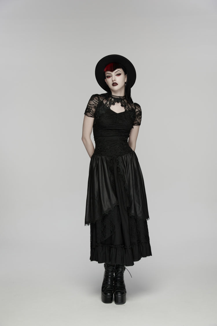 Black High Waisted Multi-Layered Floral Embroidered Lace Pleated Women's Gothic Elegant Cosplay Skirt - Product - 4